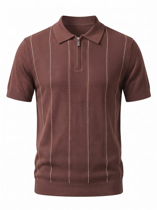 Pinstripe Zip Knit Polo — Brown