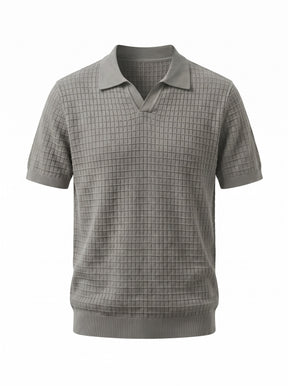 Grid Knit Open-Collar Polo — Grey