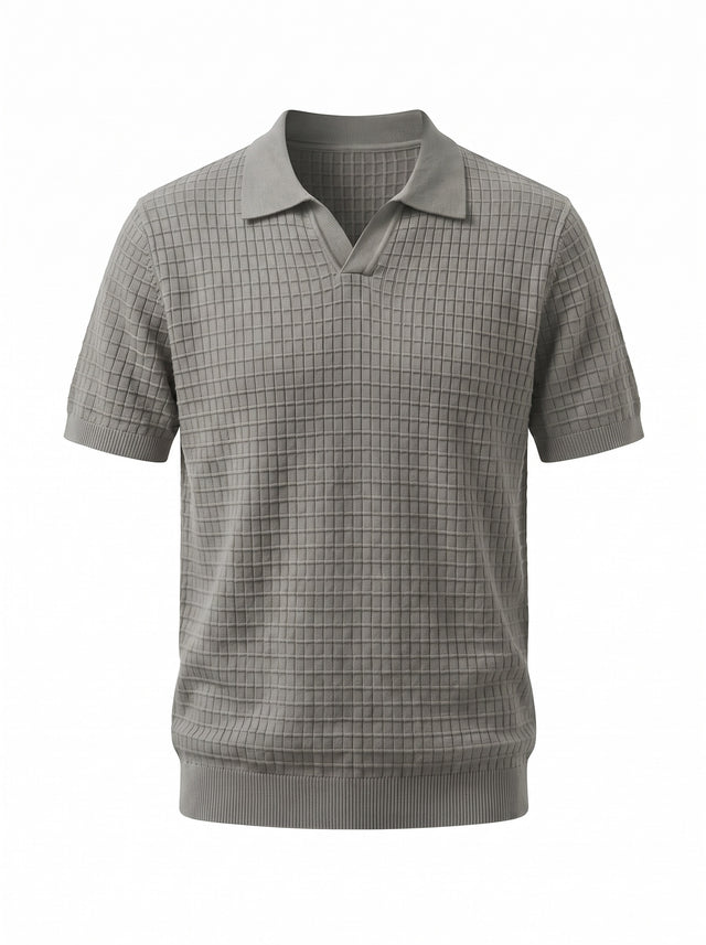 Grid Knit Open-Collar Polo — Grey