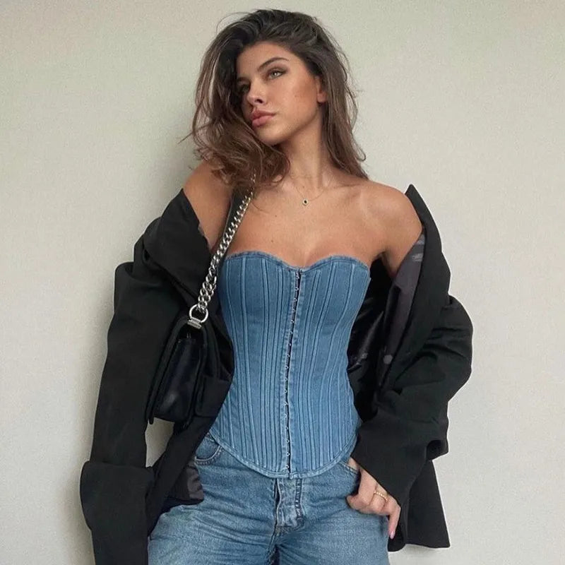 Denim strapless corset Top