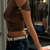 Brown Metal Ring One Shoulder Top