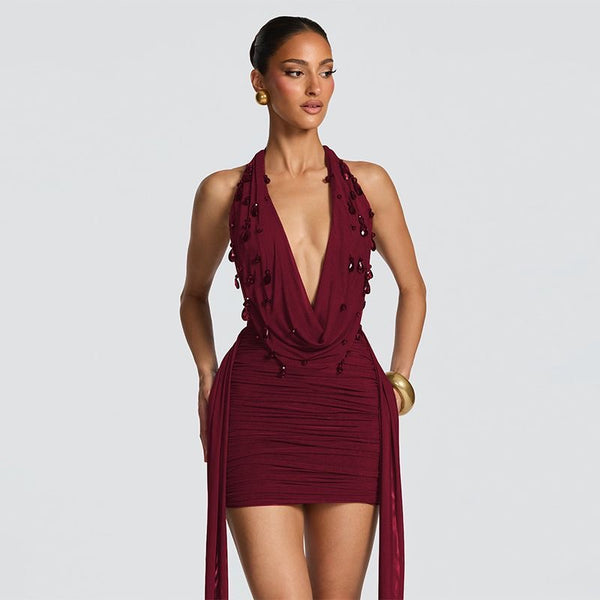 Burgundy Halter Bodycon Mini Dress