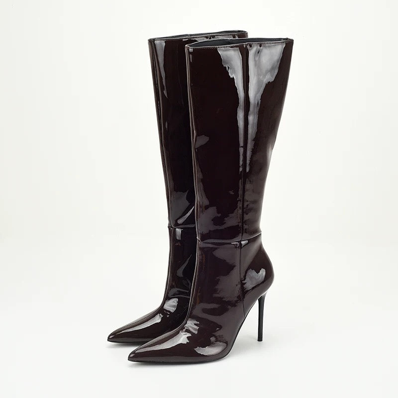 High leather boots side zipper