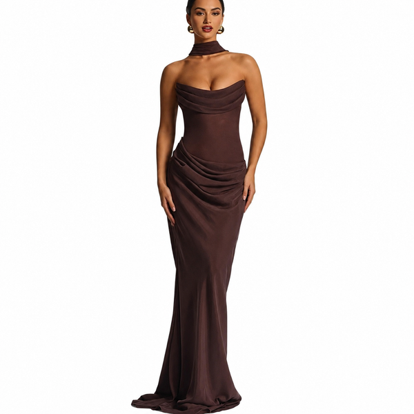 Brown Strapless Satin Gown