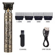 Hair trimmer set with dragon design, attachments, cleaning brush, and USB cable on a white background.