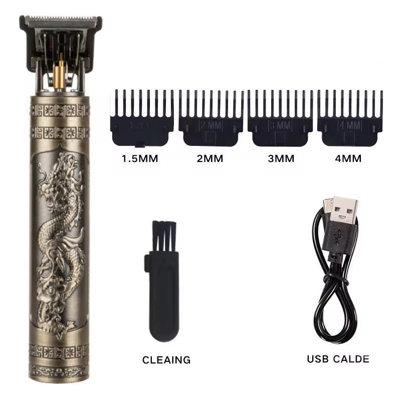 Hair trimmer set with dragon design, attachments, cleaning brush, and USB cable on a white background.
