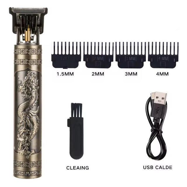Hair trimmer set with dragon design, attachments, cleaning brush, and USB cable on a white background.