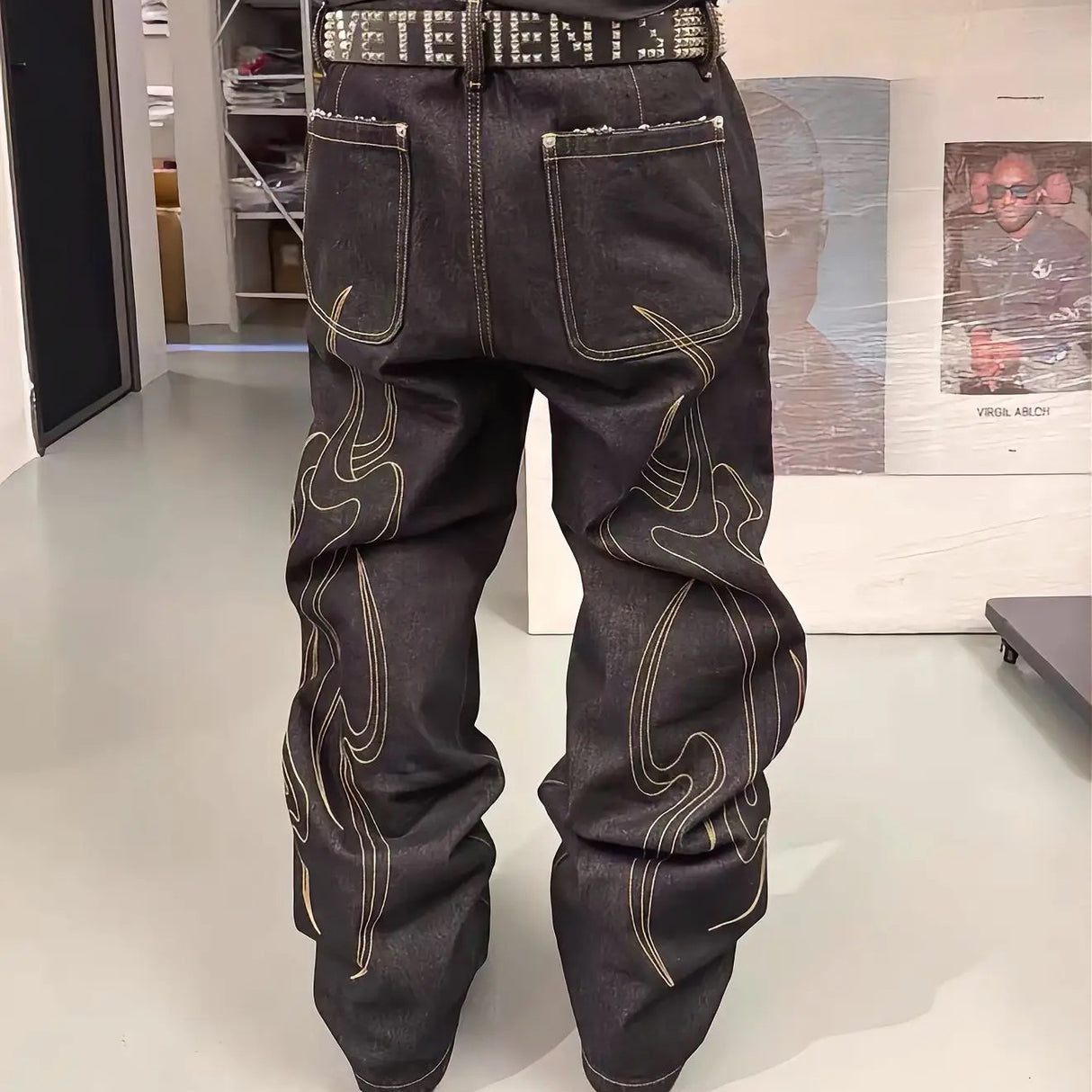 Gold thread 3D embroidery jeans
