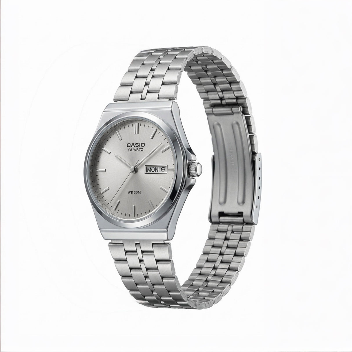 Silver circular Casio watch
