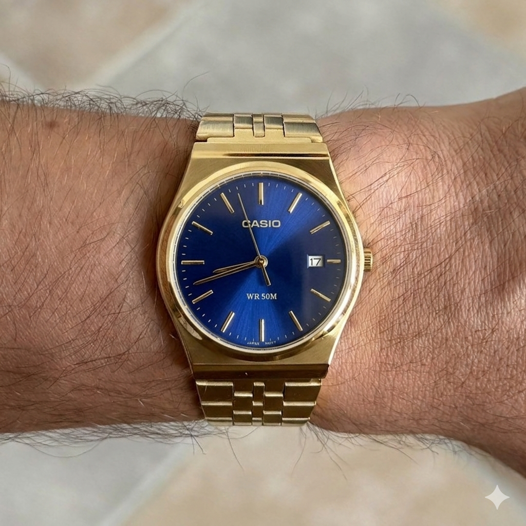 Gold & blue circular Casio watch