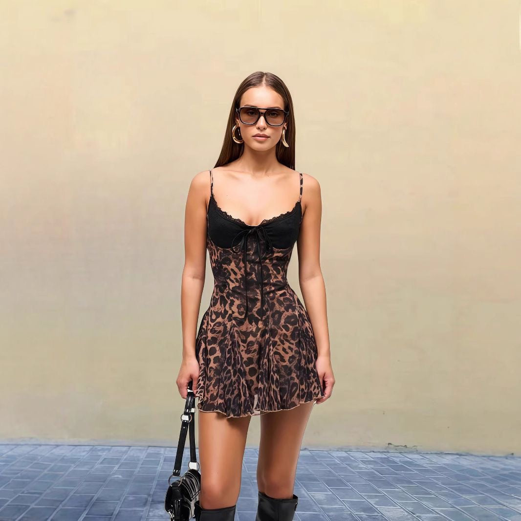 Leopard print ruffled spaghetti dress
