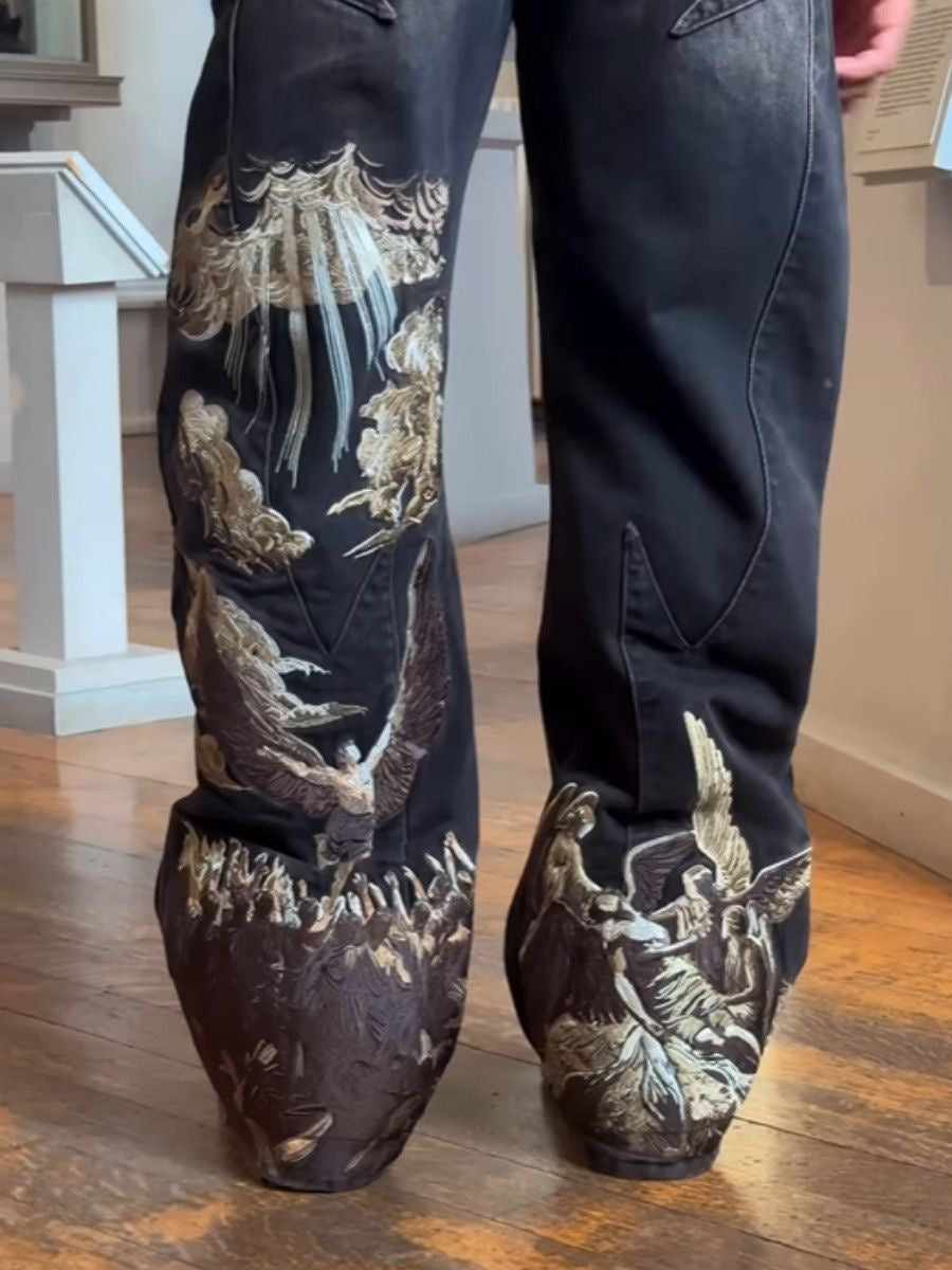Embroidered angels baggy jeans