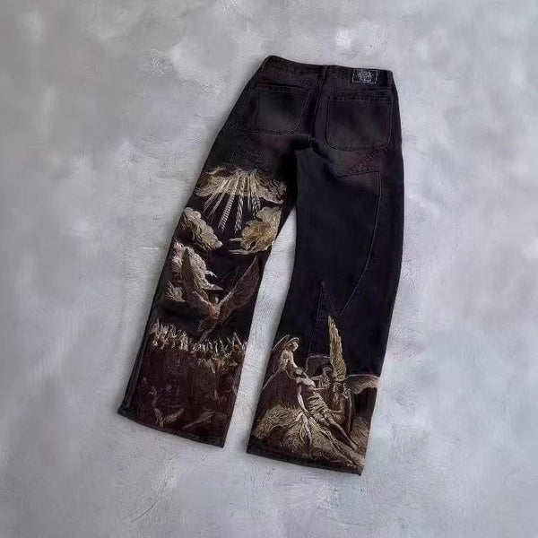 Embroidered angels baggy jeans