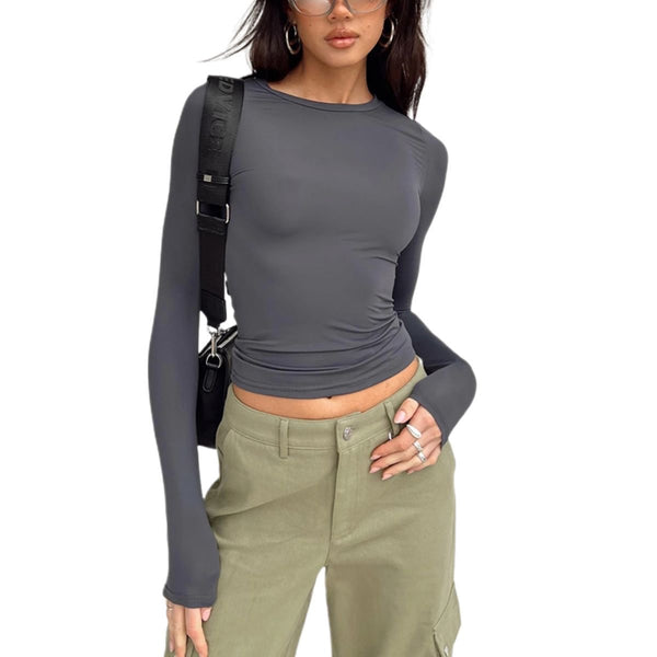Grey Round Neck long sleeve Top