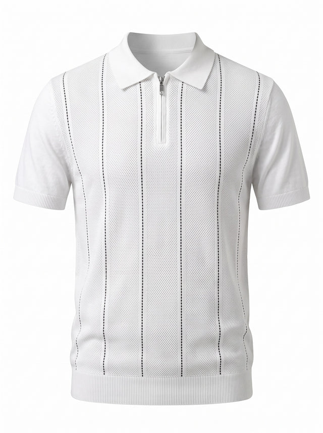 Pinstripe Zip Knit Polo — White