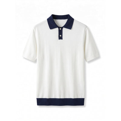 Navy-Collar Knit Polo — White