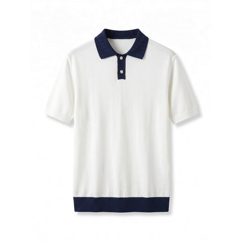 Navy-Collar Knit Polo — White