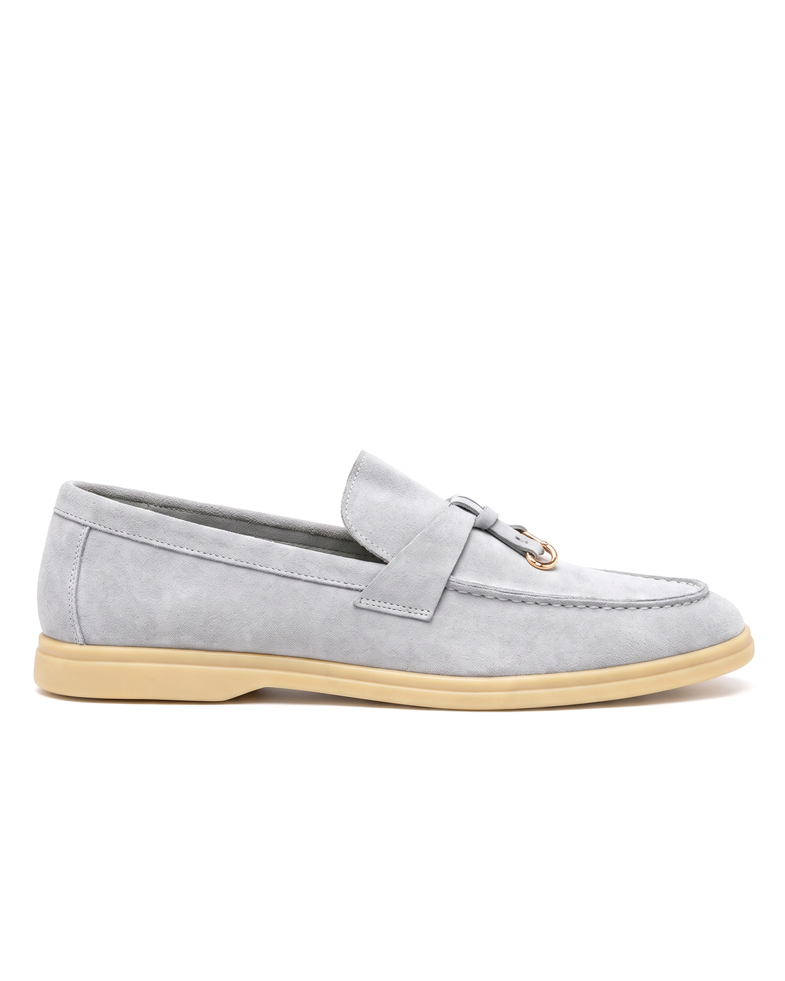 Belugga Clasp Loafer in grey suede with gold clasp and beige sole, side view