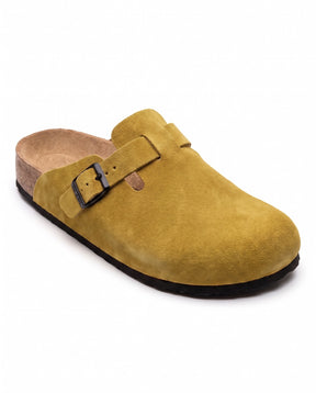 Belugga Clog in mustard suede — cork footbed, buckle strap, open back