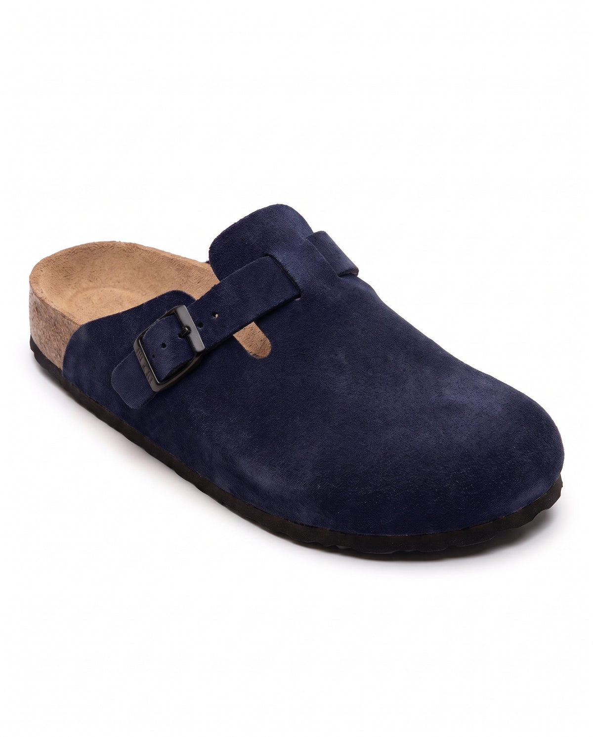 Belugga Clog in navy suede — cork footbed, buckle strap, open back