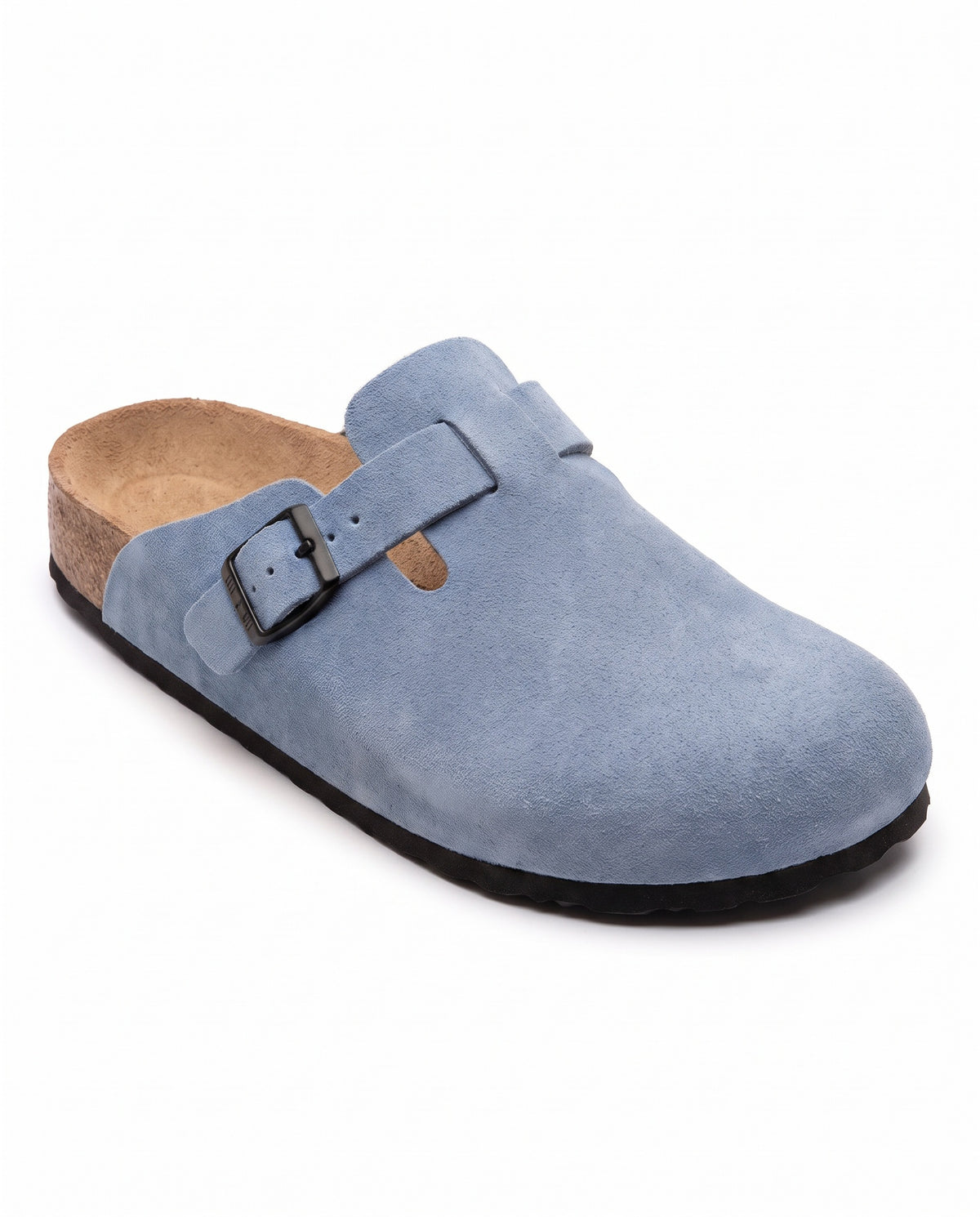 Belugga Clog in sky blue suede — cork footbed, buckle strap, open back