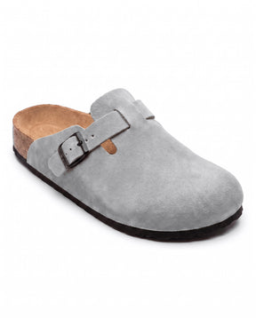 Belugga Clog in stone suede — cork footbed, buckle strap, open back