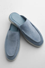 Belugga Dune Mule in dusk blue suede, pair viewed from above