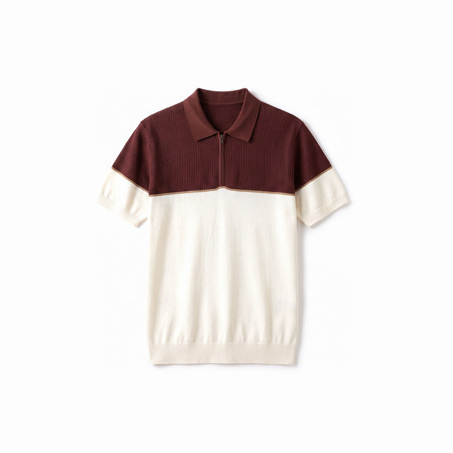 Belugga Colour-Block Knit Polo — Brown / Cream