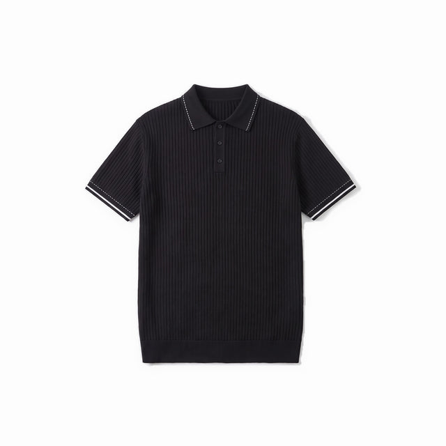 Belugga Stitch-Trim Ribbed Polo — Black