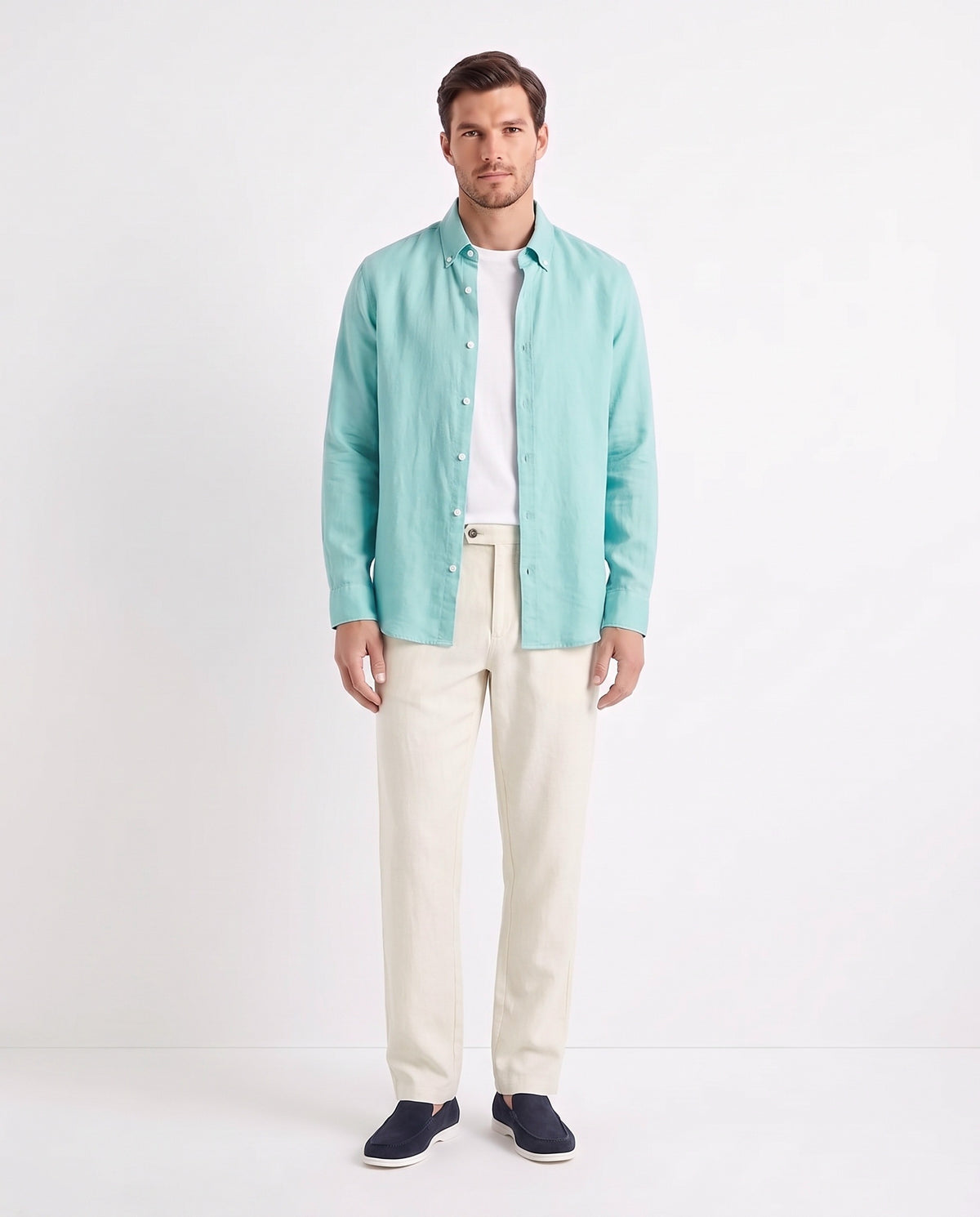 Linen Shirt — Aqua worn open over a white tee, with Linen Trouser, Button Waist — Cream and Terra Loafer — Navy Suede, White Sole