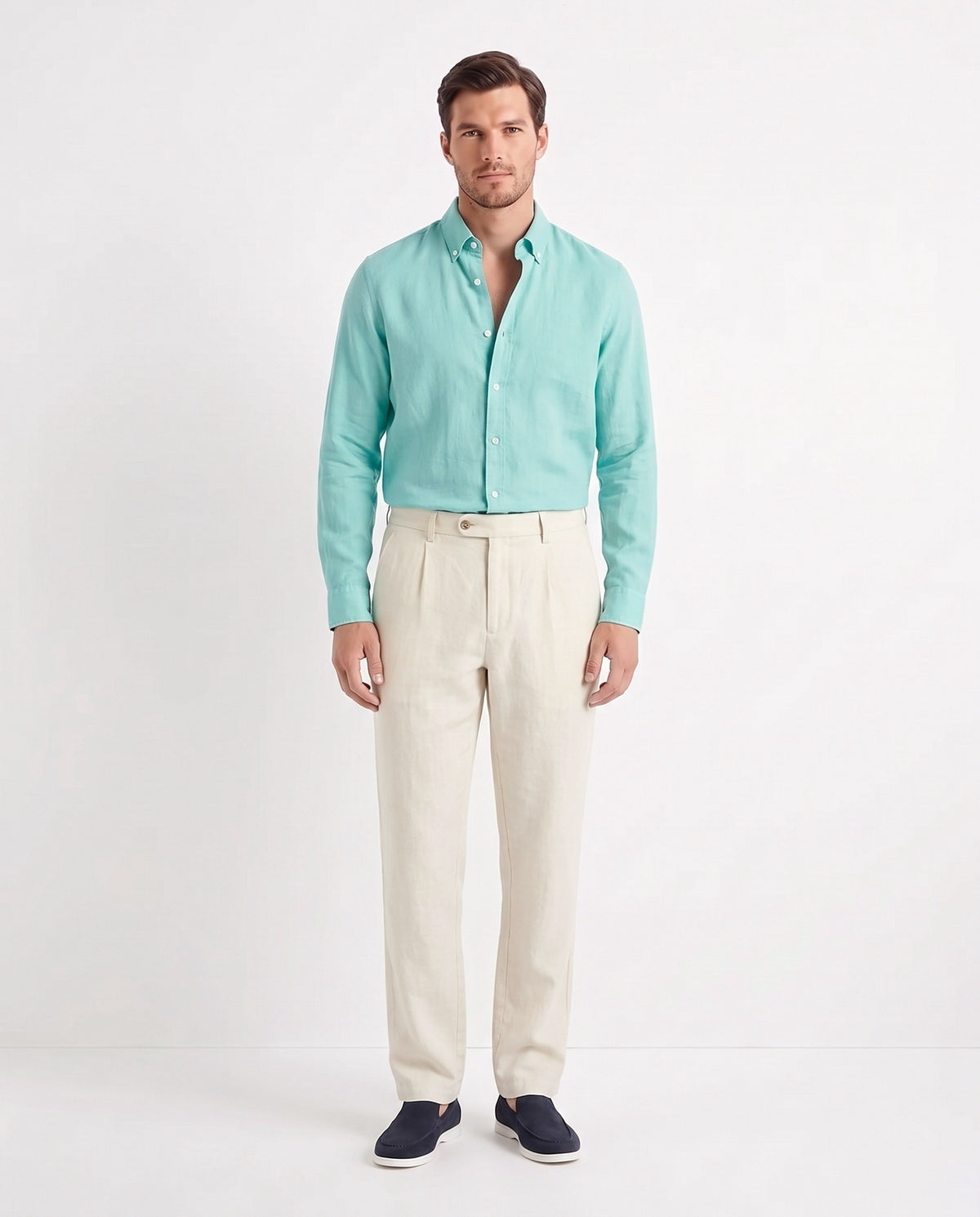 Linen Shirt — Aqua worn tucked in, with Linen Trouser, Button Waist — Cream and Terra Loafer — Navy Suede, White Sole