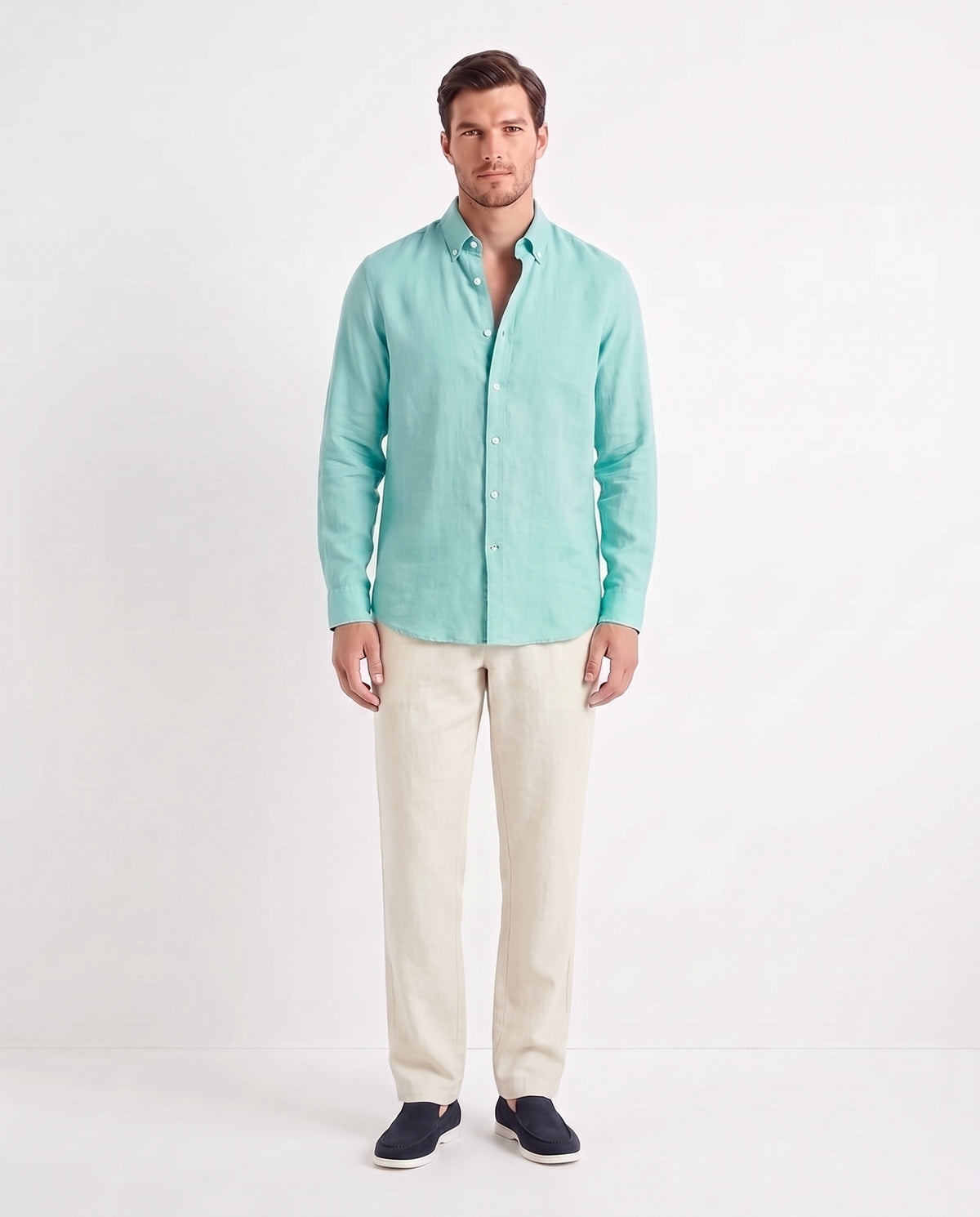 Linen Shirt — Aqua worn untucked with the top two buttons open, with Linen Trouser, Button Waist — Cream and Terra Loafer — Navy Suede, White Sole