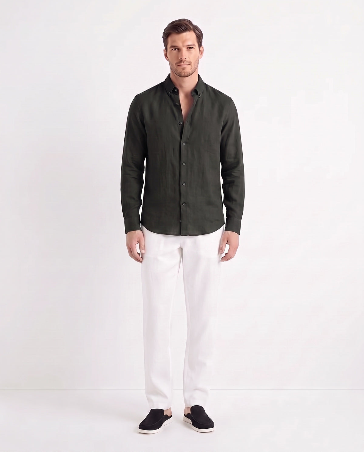 Linen Shirt — Black worn untucked with the top two buttons open, with Linen Trouser, Drawstring — White and Dune Mule — Black