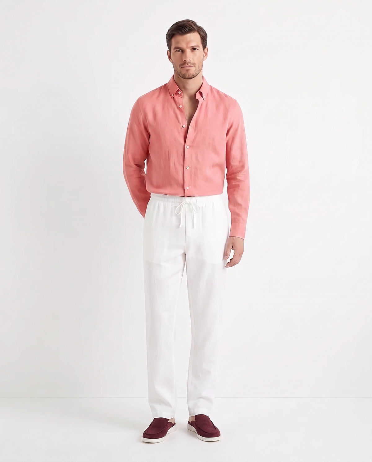 Linen Shirt — Coral Pink worn tucked in, with Linen Trouser, Drawstring — White and Dune Mule — Burgundy