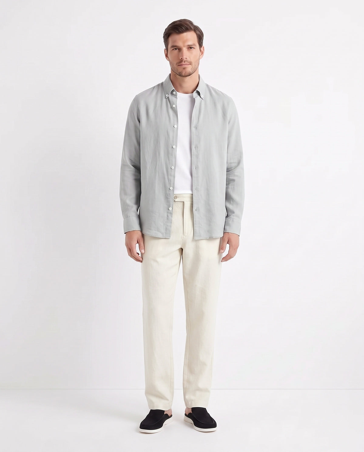 Linen Shirt — Light Grey worn open over a white tee, with Linen Trouser, Button Waist — Cream and Dune Mule — Black