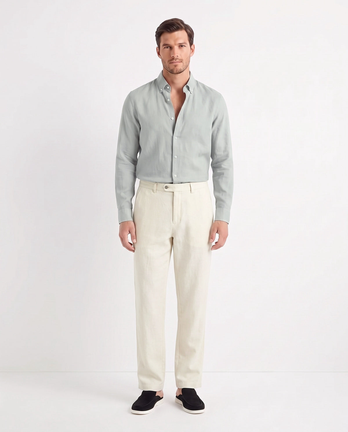 Linen Shirt — Light Grey worn tucked in, with Linen Trouser, Button Waist — Cream and Dune Mule — Black