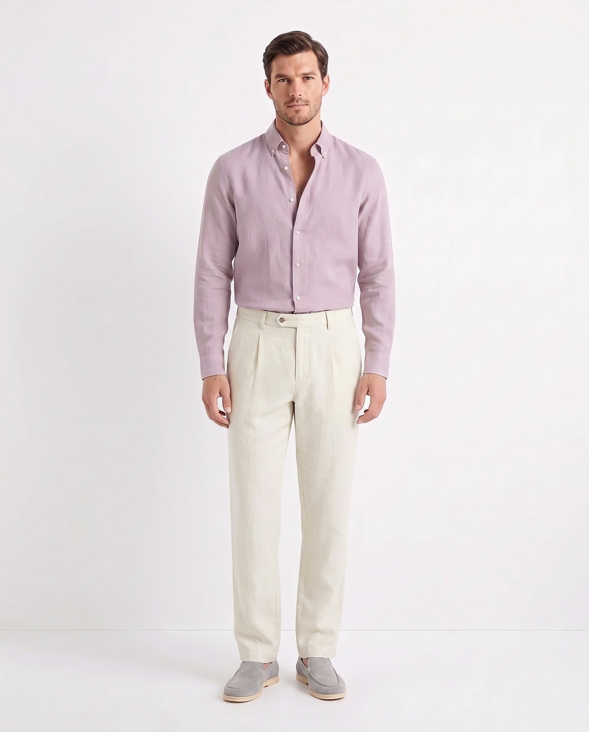 Linen Shirt — Lilac worn tucked in, with Linen Trouser, Button Waist — Cream and Terra Loafer — Stone Grey, Beige Sole