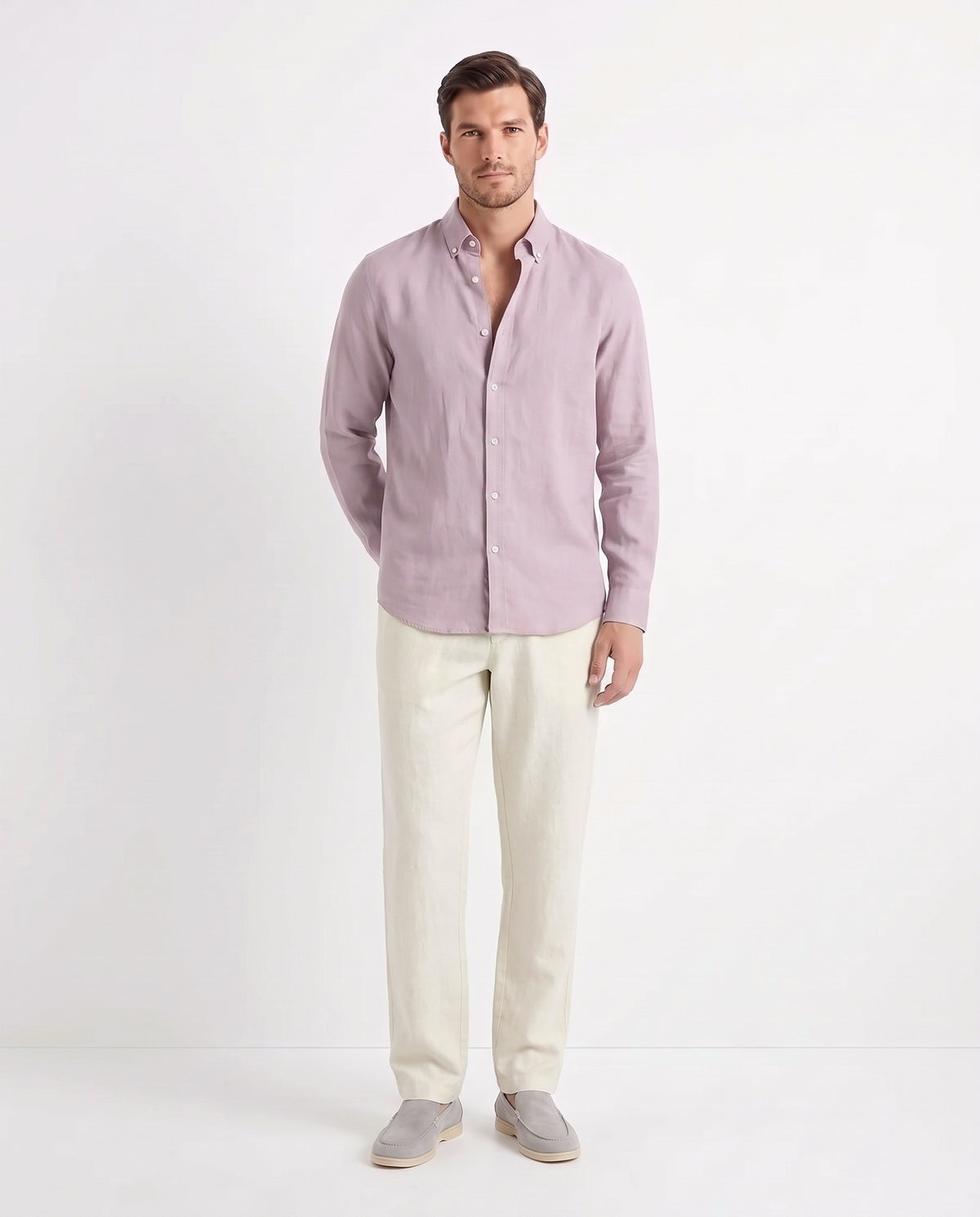 Linen Shirt — Lilac worn untucked with the top two buttons open, with Linen Trouser, Button Waist — Cream and Terra Loafer — Stone Grey, Beige Sole
