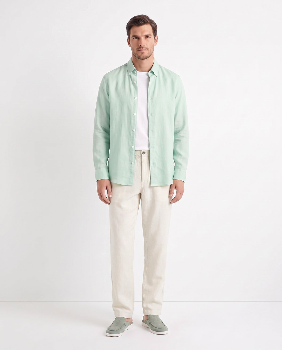 Linen Shirt — Mint worn open over a white tee, with Linen Trouser, Button Waist — Cream and Dune Mule — Sage Green