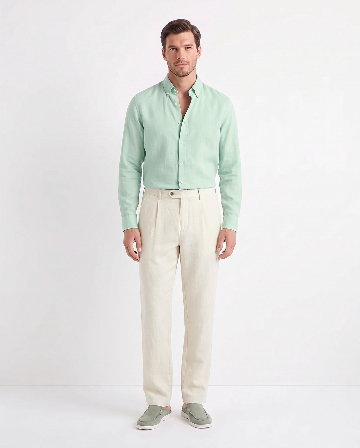 Linen Shirt — Mint worn tucked in, with Linen Trouser, Button Waist — Cream and Dune Mule — Sage Green