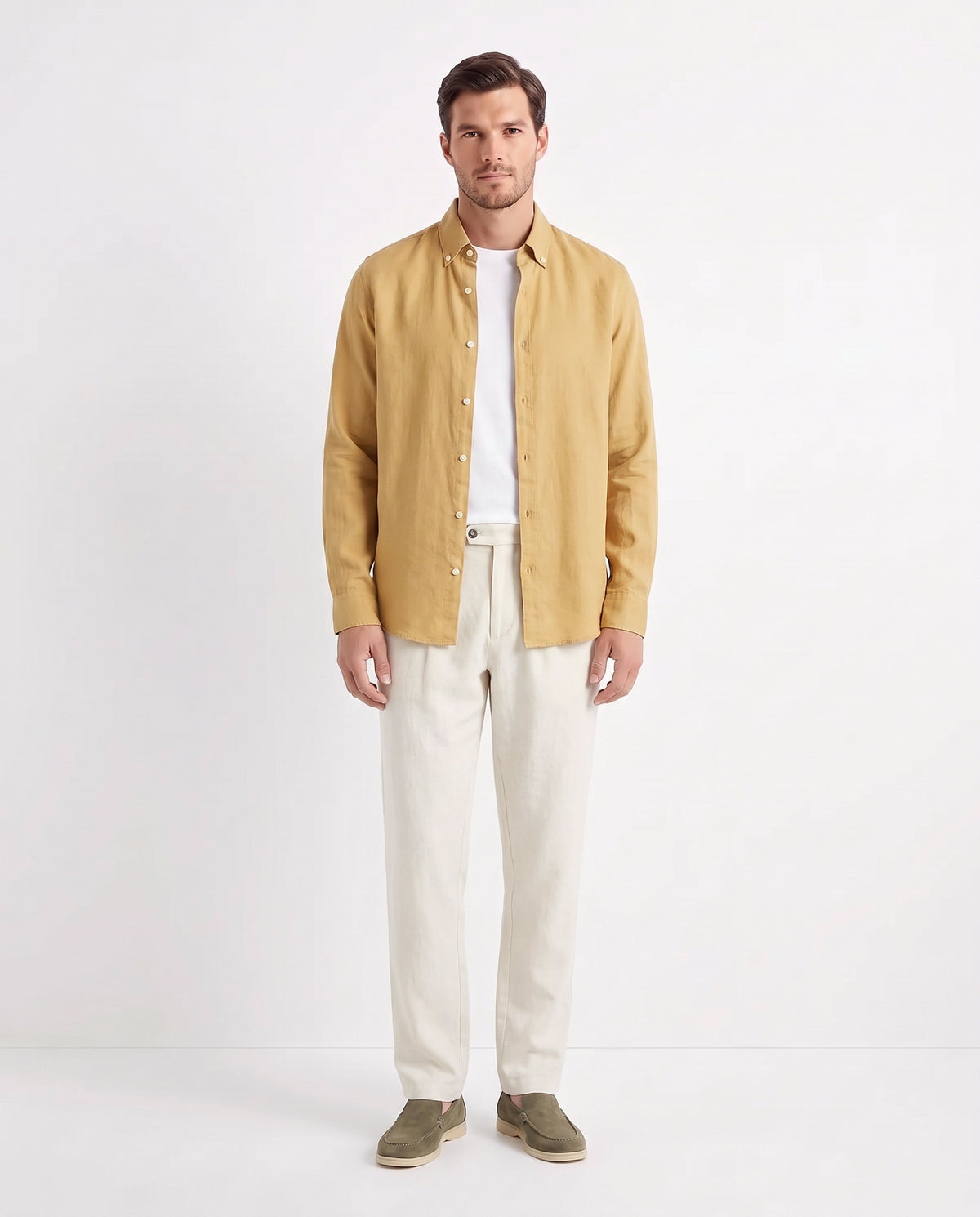 Linen Shirt — Mustard worn open over a white tee, with Linen Trouser, Button Waist — Cream and Terra Loafer — Olive Suede, Beige Sole