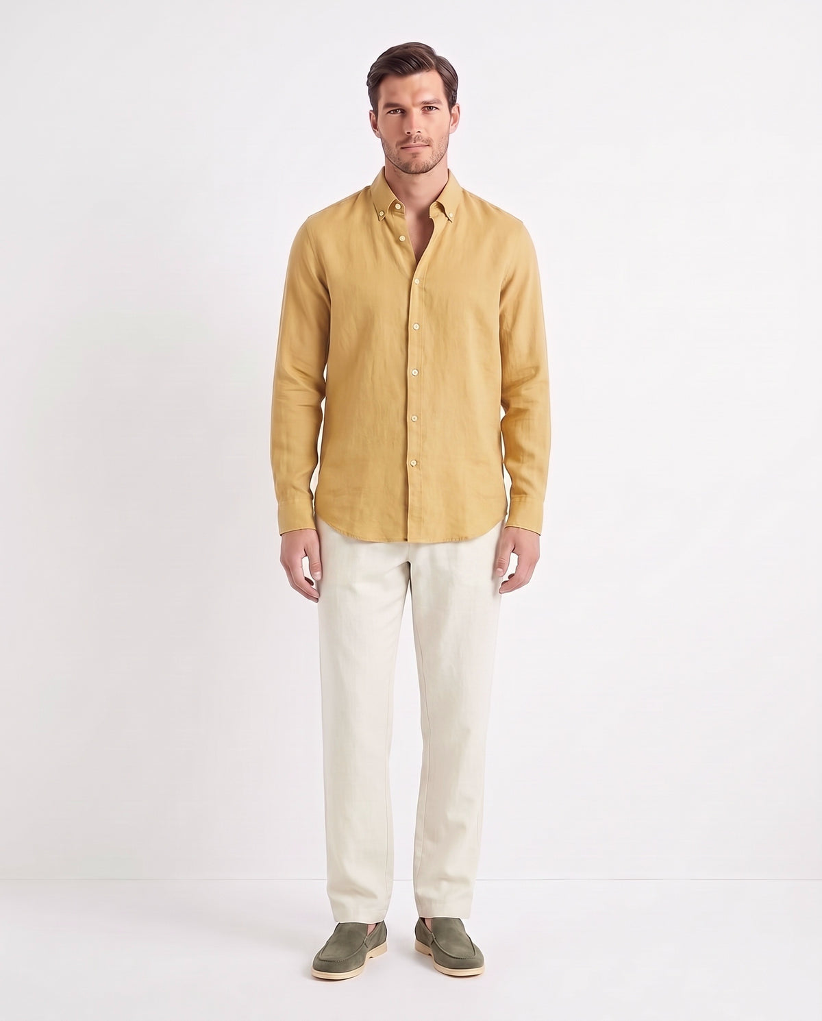 Linen Shirt — Mustard worn untucked with the top two buttons open, with Linen Trouser, Button Waist — Cream and Terra Loafer — Olive Suede, Beige Sole