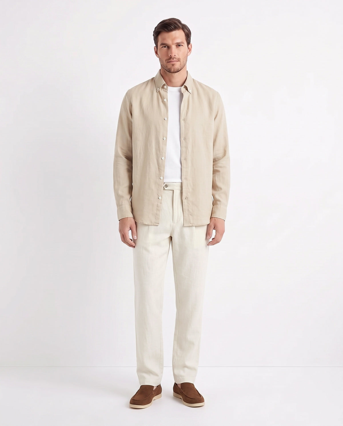 Linen Shirt — Sand worn open over a white tee, with Linen Trouser, Button Waist — Cream and Terra Loafer — Tobacco, Beige Sole