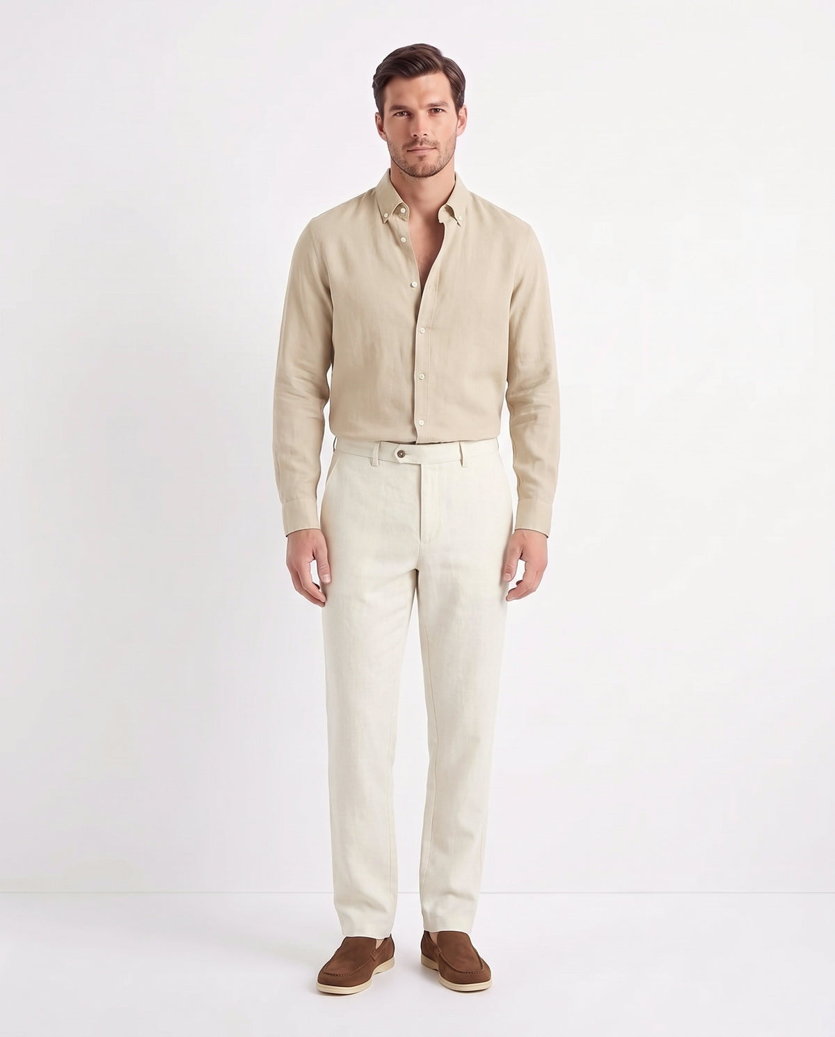 Linen Shirt — Sand worn tucked in, with Linen Trouser, Button Waist — Cream and Terra Loafer — Tobacco, Beige Sole