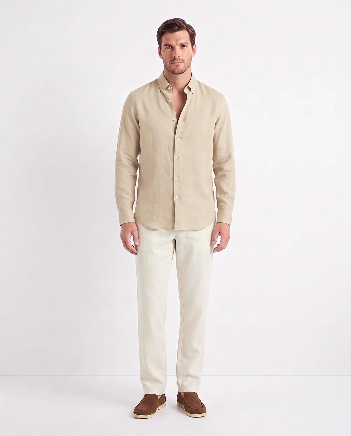 Linen Shirt — Sand worn untucked with the top two buttons open, with Linen Trouser, Button Waist — Cream and Terra Loafer — Tobacco, Beige Sole