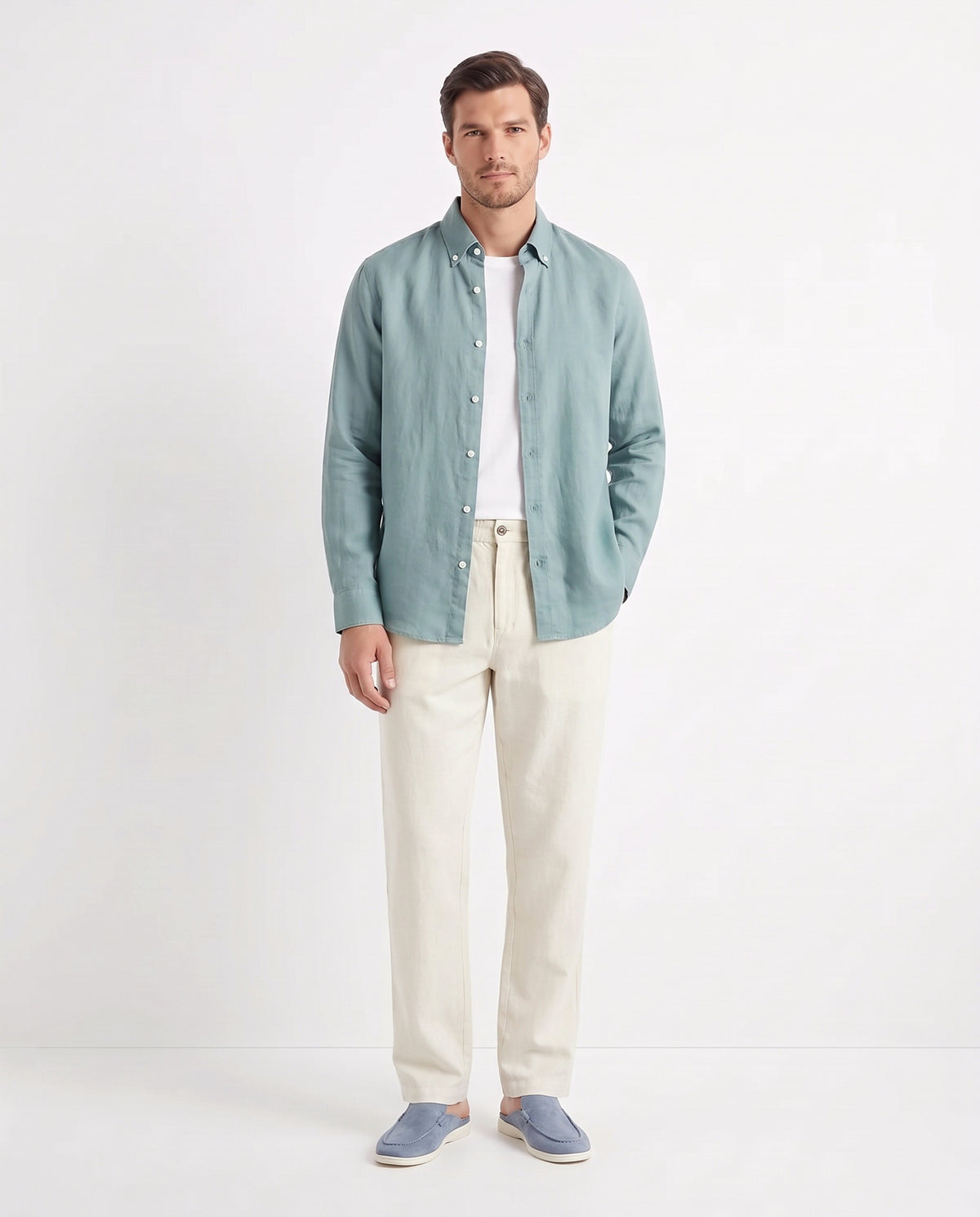 Linen Shirt — Teal worn open over a white tee, with Linen Trouser, Button Waist — Cream and Dune Mule — Dusk Blue