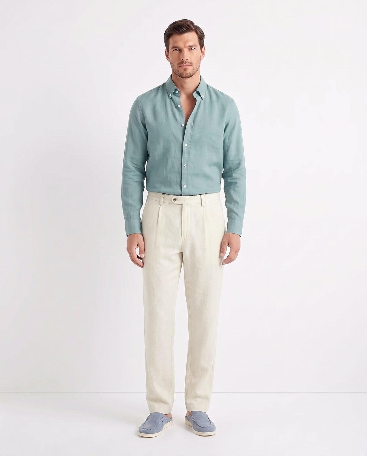 Linen Shirt — Teal worn tucked in, with Linen Trouser, Button Waist — Cream and Dune Mule — Dusk Blue