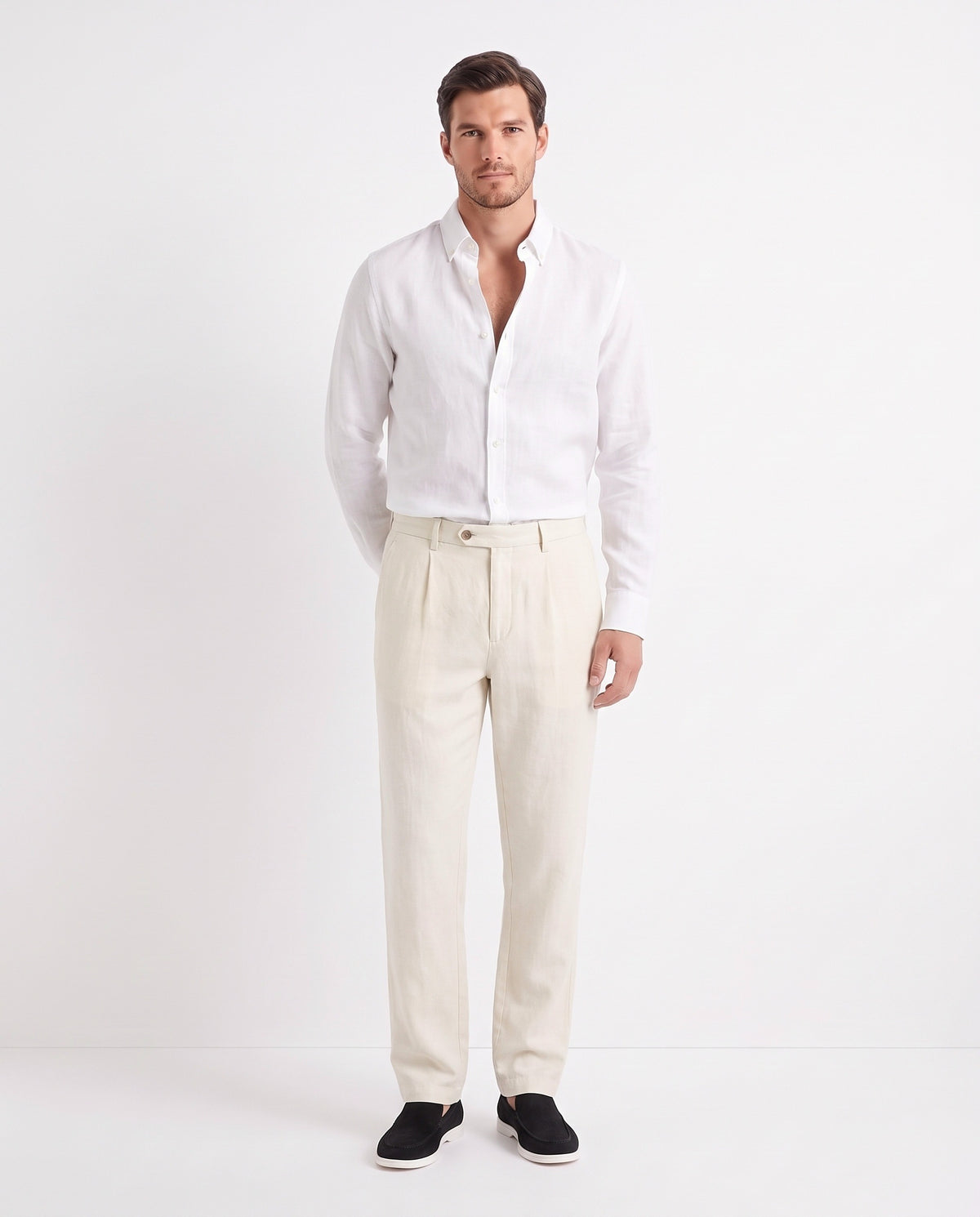 Linen Shirt — White worn tucked in, with Linen Trouser, Button Waist — Cream and Terra Loafer — Black Suede, White Sole