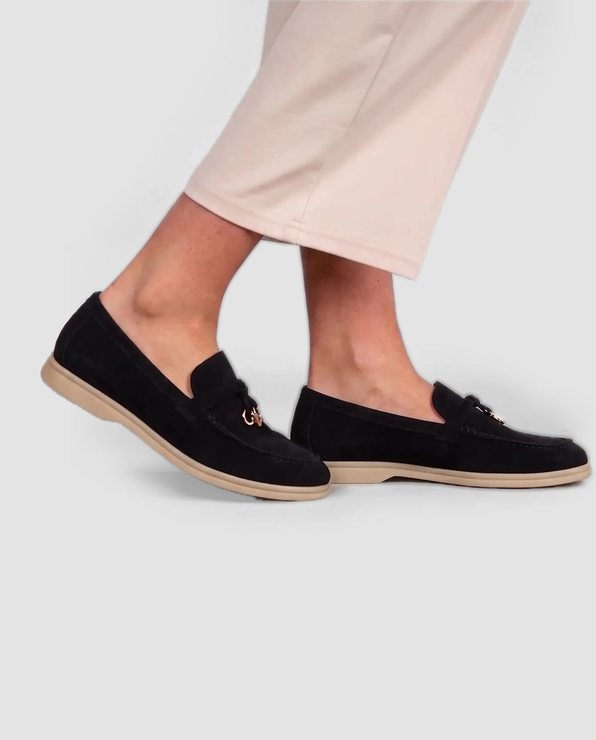 Belugga Women's Loafer — Black Suede — on foot, close-up