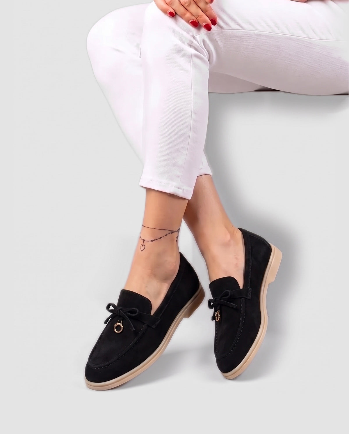 Belugga Women's Loafer — Black Suede — on foot, close-up